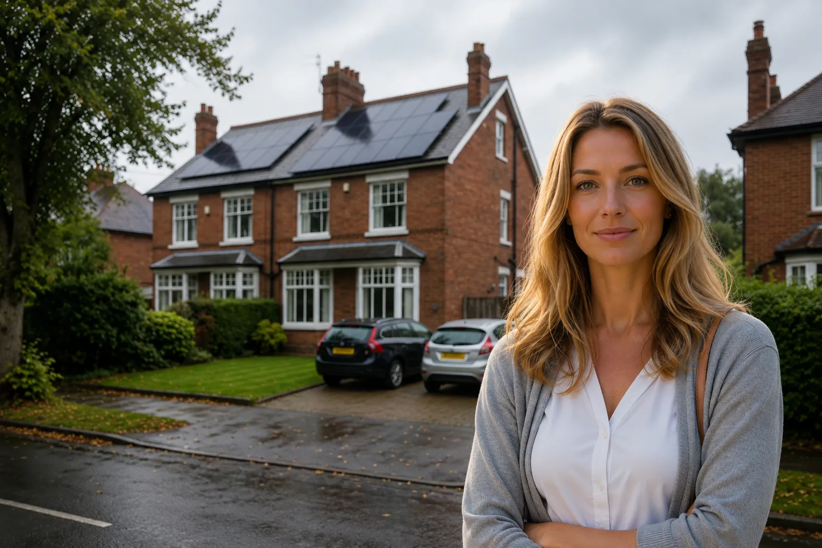 UK homeowner standing in front of a semi-detached home with rooftop solar panels